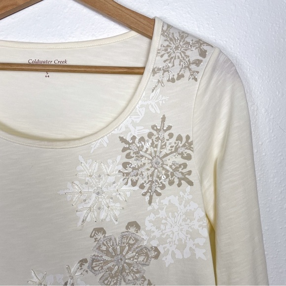 ColdWater Creek cream long sleeve blouse with snow flake accents Sz.S (6-8) - Picture 6 of 8